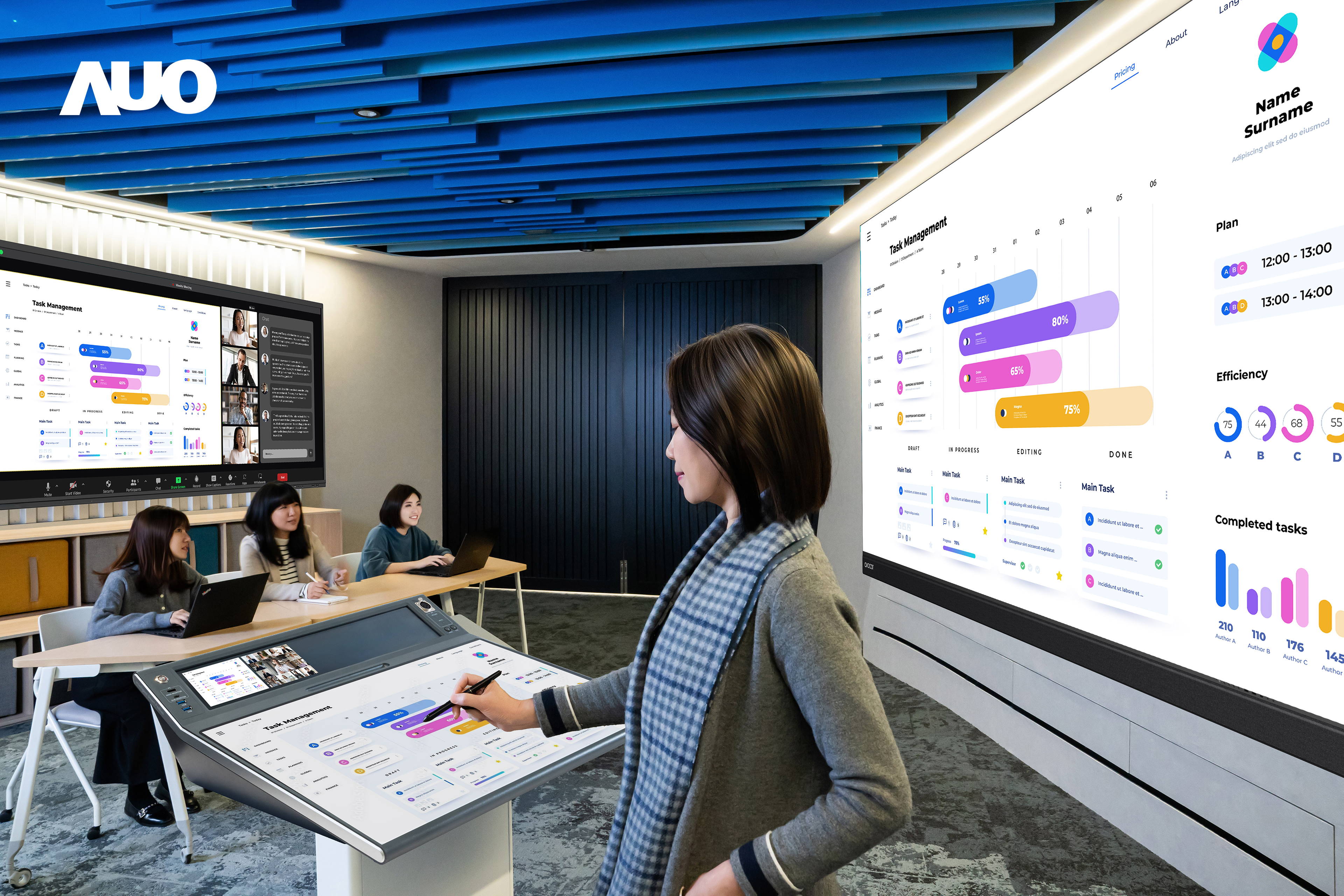 达擎携手Avocor与Rise Vision展示全方位商务领域应用，包含采用模块化设计的138吋一体式All-in-One LED显示器及具21:9超宽比例的92吋交互式电子白板（IFPD），讲者可轻松分享内容，有效提升会议协作效率。